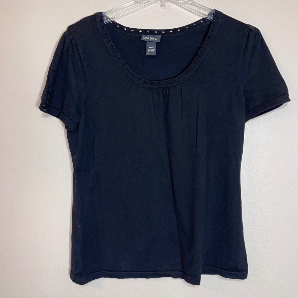 Lane Bryant Black Knit Top Short Sleeve Eyelet Scoop Neck Plus Size 14/16
